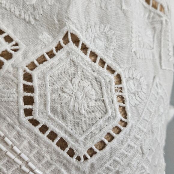 Chico's Womens Linen Cotton White Sleeveless Cutout Top Beaded Embellished Large - Picture 9 of 16